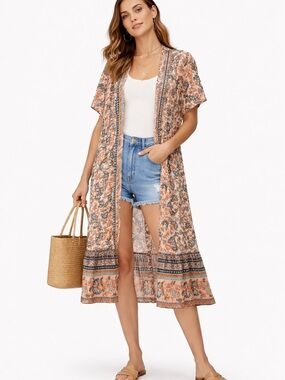 Anna Kaci Boho Longline Cardigan Duster XL Floral Paisley Kimono